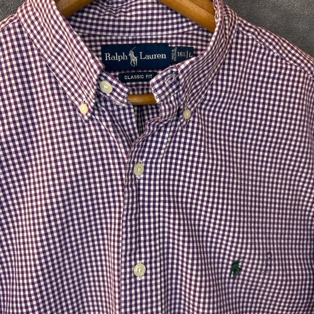 Ralph Lauren Mens Large Purple Gingham Classic Fit Button Down Shirt (Flaws)